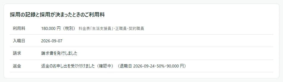 「採用の記録と採用が決まったときのご利用料」の表。「請求」の欄が「請求書を発行しました」で、表の下に「入職日を直す」の欄が無い