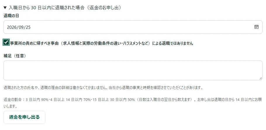 「入職日から 30 日以内に退職された場合(返金のお申し出)」を開き、「退職の日」に日付を入れ、「事業所の責めに帰すべき事由…による退職ではありません」にチェックを付けたところ。その下に「補足(任意)」の欄、返金の割合と申し出の期限の注記、「返金を申し出る」のボタン