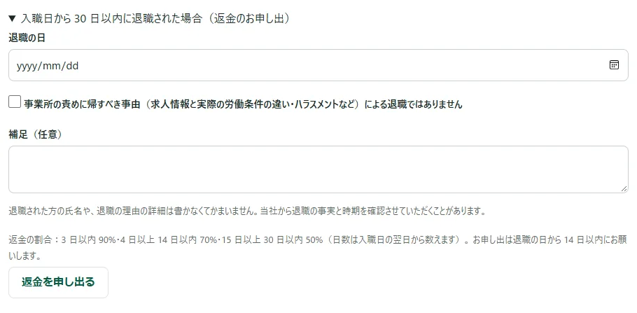 「入職日から 30 日以内に退職された場合(返金のお申し出)」の欄。「退職の日」「事業所の責めに帰すべき事由(求人情報と実際の労働条件の違い・ハラスメントなど)による退職ではありません」のチェック、「補足(任意)」と「返金を申し出る」のボタン
