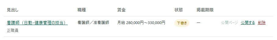 求人の一覧の下書きの行。状態が「下書き」、掲載期限が「―」で、右に「公開ページ」（押せない）・「公開する」・「削除」が並んでいる